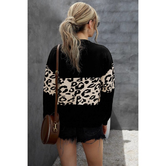 Leopard Colorblock V-Neck Top BLACK - Picture 2 of 5